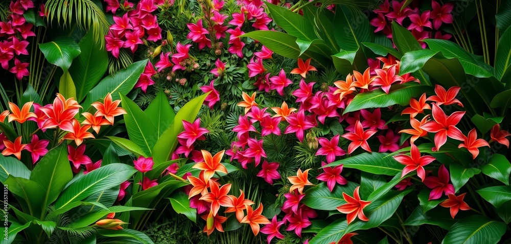 Aufkleber lush tropical foliage and vibrant blooms create a romantic wedding backdrop with ample empty space, 