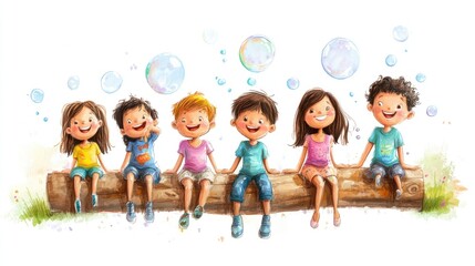 Four children are laughing and reaching towards floating bubbles in a natural outdoor setting.