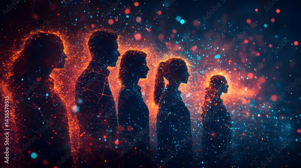 Aufkleber Silhouetted figures rendered as interconnected digital networks transition through warm and cool colors against a bokeh background. Connectivity and data visualized. Abstract wireframe in dark blue