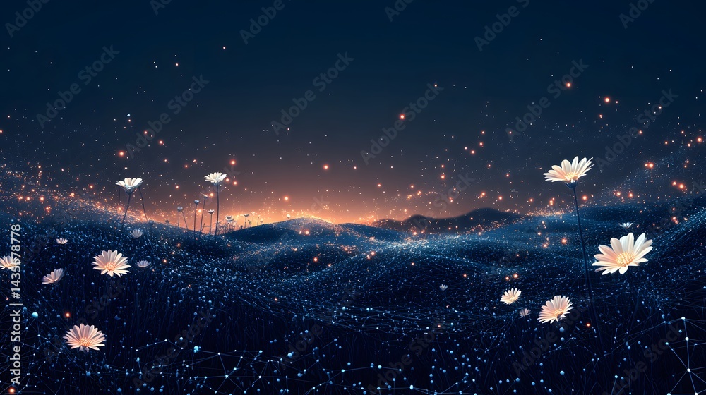 Poster stylized landscape at dusk featuring a network field dotted with white flowers against a gradient ho