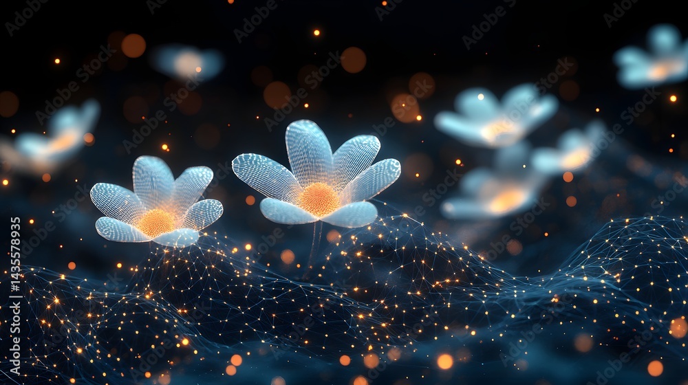 Poster Ethereal botanical scene blending nature and technology. Translucent, grid-patterned flowers glow above a web of orange dots and blue lines. Bokeh highlights add depth. Abstract wireframe in dark blue