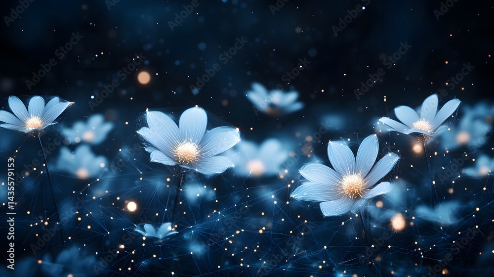 Poster Ethereal blue flowers with golden centers bloom against a dark backdrop. Bokeh lights and interconnected lines add a futuristic touch. Perfect for dreamy designs. Abstract wireframe in dark blue.