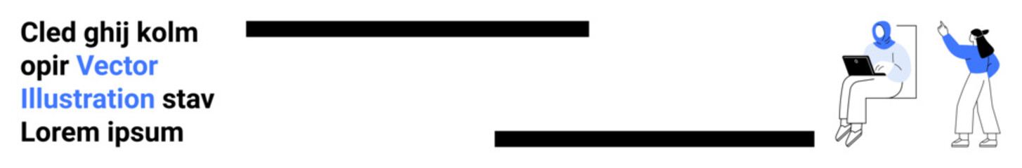 Obraz premium Two people interacting, one seated with a laptop, the other pointing upward. Ideal for teamwork, communication, digital workspace, education, creativity, remote work simple landing page