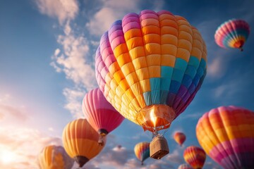 Fototapeta premium Colorful Hot Air Balloons Floating in Sky with Wispy Clouds