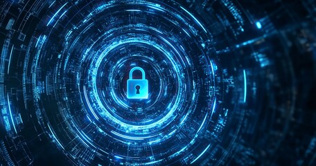 Obraz premium Abstract digital security background with a padlock symbol and a blue circular pattern, a vector illustration of a data protection technology concept. A large lock in the center on a dark, abstract, 