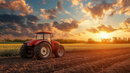 Fototapeta premium Red tractor in a scenic farm field at golden sunset landscape sky soil view rural scene image photo