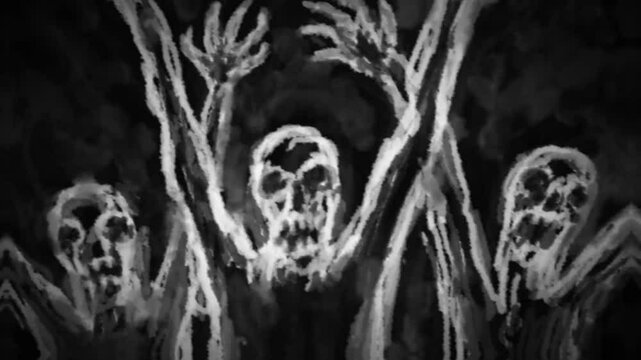 Dark 2D animation with devilish characters and monsters. Collection of motion graphics in the horror genre. Scary video clip. Black and white background for Halloween.