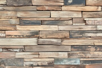 Rustic wooden wall paneling.  A  variety of  light and dark  brown  wood  pieces create  a  unique, textured  surface.  The  horizontal  arrangement  provides  a  modern  rustic  aesthetic