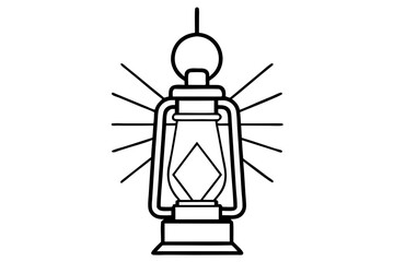 Camp Lantern With Light Rays Line Art Vector Illustration