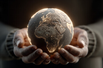 Two hands holding a glowing earth in darkness,