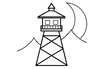 Firewatch Tower At Dusk Line Art Vector Illustration