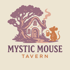 Naklejka premium Whimsical Illustration of a Mouse Holding Beer Outside a Cottage