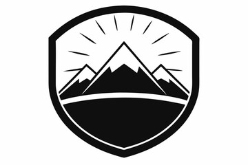 Mountain Line With Rising Sun In Badge Shape Silhouette Vector Illustration