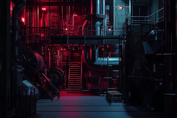 Industrial Interior with Steel Structures and Vibrant Lighting Atmosphere Depiction