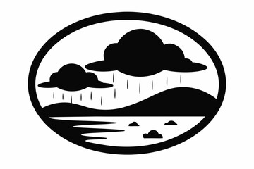 Rain Over Quiet Lake In Oval Frame Silhouette Vector Illustration
