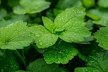 Close-up of dewdrops on green leaf in early morning light.