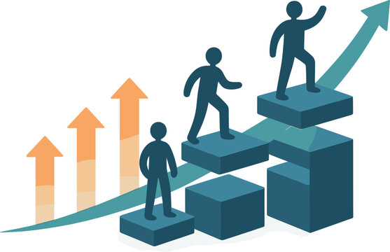 Introduce business scalability with stacked platforms, expanding arrows, growth curve, and supportive team figures. Vector illustration, dynamic and smooth, no text, transparent background