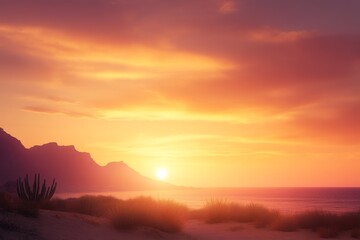 Obraz premium Desert landscape with cactus and dramatic sunset sky.