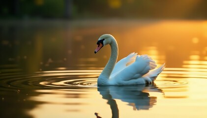 Obraz premium Majestic white swan gracefully reflecting in shimmering golden lake, golden, majestic, wildlife