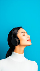 A young Asian woman with dark hair listens to music peacefully, wearing headphones against a muted blue background.