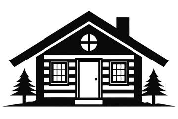 Rustic Log Cabin Front View Silhouette Vector Illustration