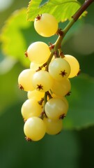 A close-up of yellow currants hanging from a branch with lush green leaves in a sunlit garden setting