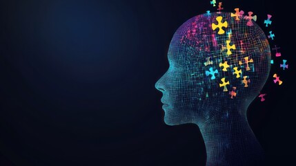 Obraz premium visual representation of the human mind represented by a wireframe head filled with colorful puzzle pieces signifying thought, memory, and the complexity of the cognitive process