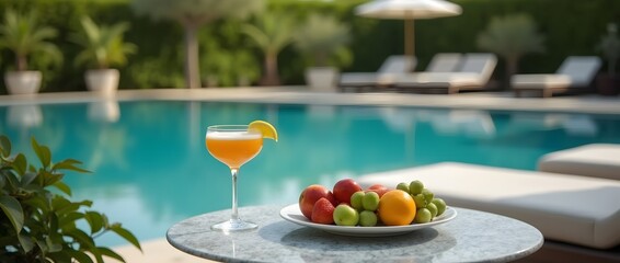 The hotel's swimming pool with sun loungers and a table with a beautiful orange cocktail garnished with an orange slice. Next to it is a plate of tropical fruits.