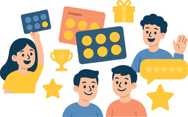 Show concept of customer retention with loyalty program cards, rewards icons, smiling users, and feedback stars. Vector illustration, user-focused and vibrant, no text, transparent background
