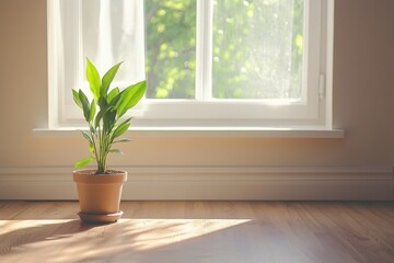 Fototapeta premium Minimalist Scandinavian living room with natural light and plants.