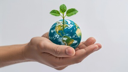 A hand holding a small globe with a vibrant plant emerging from it, symbolizing hope, growth, and environmental stewardship. The white background highlights the simplicity and importance of taking car