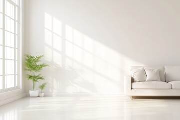 Fototapeta premium Minimalist Scandinavian living room with natural light and plants.