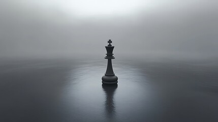 Solitary chess king figure stands amidst a misty, reflective expanse.