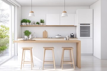 Modern kitchen with wood accents and natural sunlight.