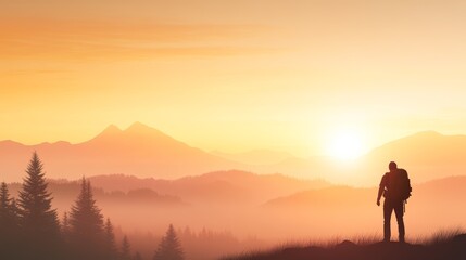 Fototapeta premium Traveler with backpack looking at mountain landscape at sunrise.