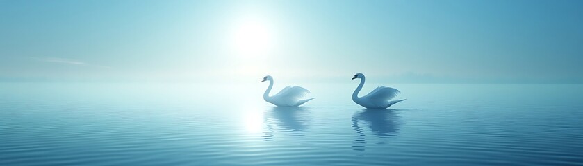 Fototapeta premium Swans glide in calm lake at sunrise, ideal for serene nature backdrop in romantic projects