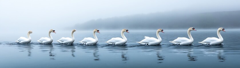 Obraz premium Swans swimming serene lake, trees & fog backdrop; ideal for nature/peace themes