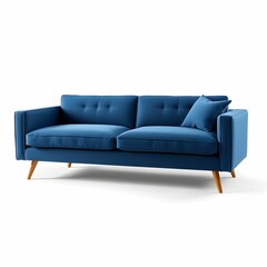 Mid-century modern sofa, blue velvet upholstery, tufted backrest, wooden tapered legs, minimalist design, clean lines, retro-inspired furniture, living room centerpiece, vibrant azure color