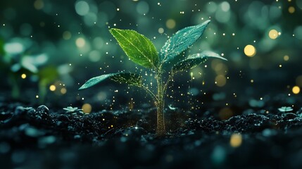 Magical sprouting seedling glowing green leaves dark soil background life stem leaf plant light image