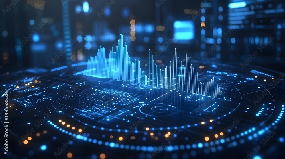 Fototapete Futuristic data visualization showcases intricate patterns on a digital platform. Glowing lines, bar graphs, and scattered elements create a dynamic data display. Abstract wireframe in dark blue.