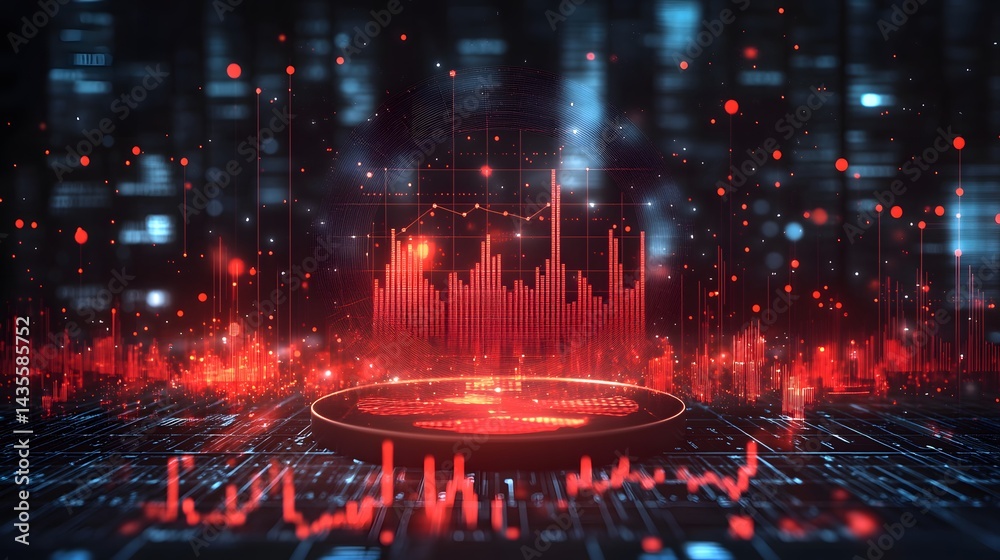 Fototapete Abstract data visualization over a futuristic city. Red graphs intersect with circuit patterns, creating a compelling tech scene. Data flows in an urban landscape. Abstract wireframe in dark blue.