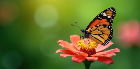 Close-up of butterfly on multi-colored petals, blurred green backdrop, bright, aesthetic, texture