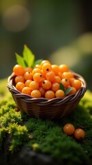 A rustic wicker basket brimming with vibrant orange berries rests on lush green moss, basking in soft natural light