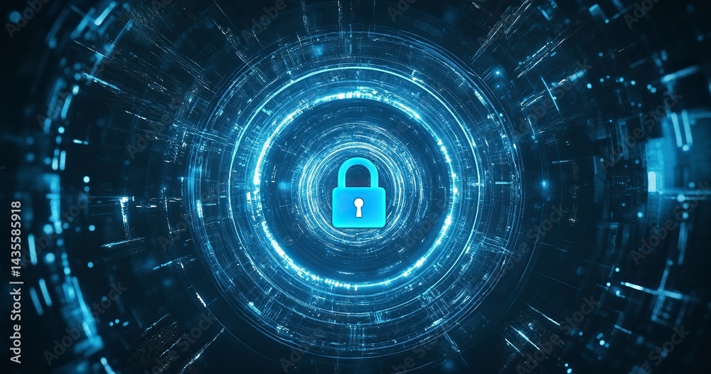 Poster abstract digital security background with a padlock symbol in the center, surrounded by blue circula