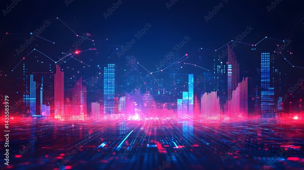 Fototapete Futuristic cityscape blending urban elements with digital data. Pink and blue structures mimic a data-driven skyline. Interconnected lines suggest data flow. Abstract wireframe in dark blue.