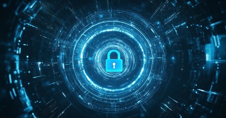 Abstract digital security background with a padlock symbol in the center, surrounded by blue circular patterns and glowing lines on a dark backdrop. Digital technology concept of data protection