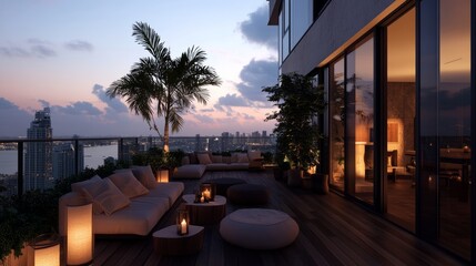 Fototapeta premium A sunset-lit rooftop lounge with ambient lanterns, soft music, and comfortable seating, setting the perfect chill vibe,