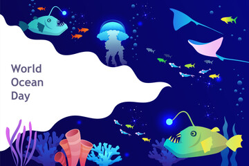 World Oceans Day. Jellyfish. Underwater world. Template for presentation, banner, poster. Space for text. EPS 10