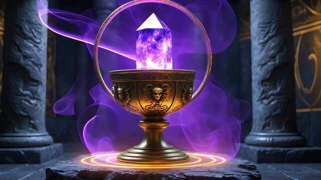 A magical glowing crystal resting in an ornate golden chalice, surrounded by mystical purple mist and ancient stone columns, creating an enchanting atmosphere.

