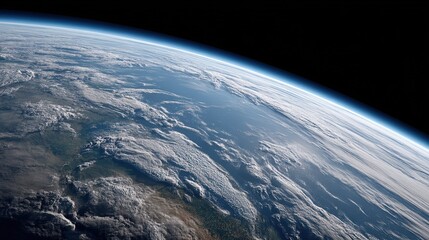 Earth viewed from above in high orbit showing layered atmosphere and visible landmass curvature in soft light suggesting global observation perspective